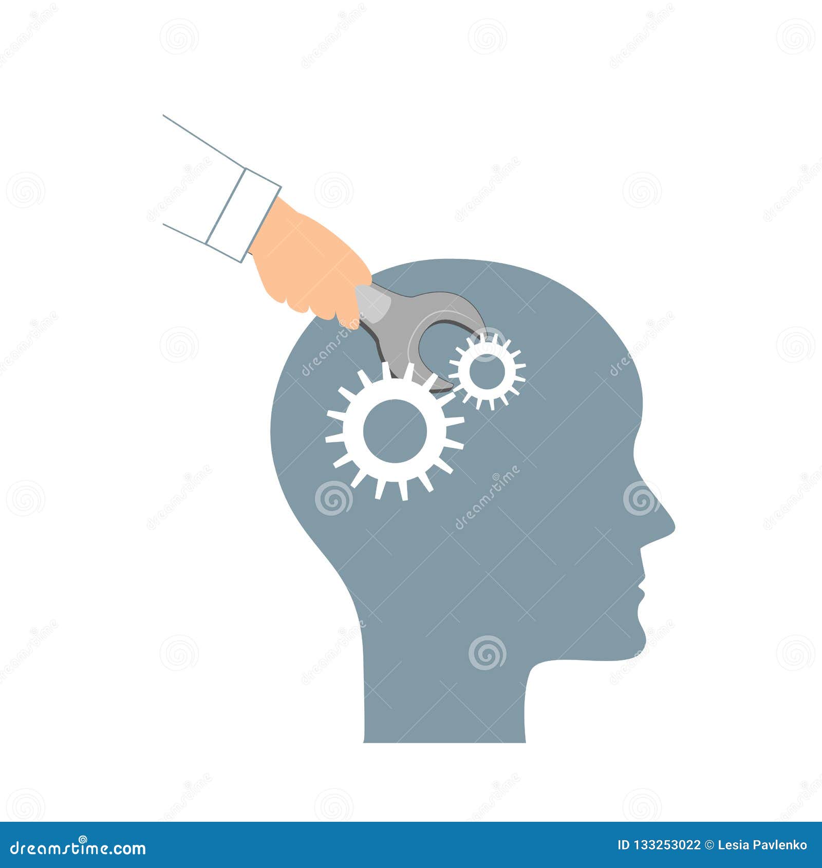nlp or neuro-linguistic programming concept. open human head and a hand with a wrench. manipulation, mental health