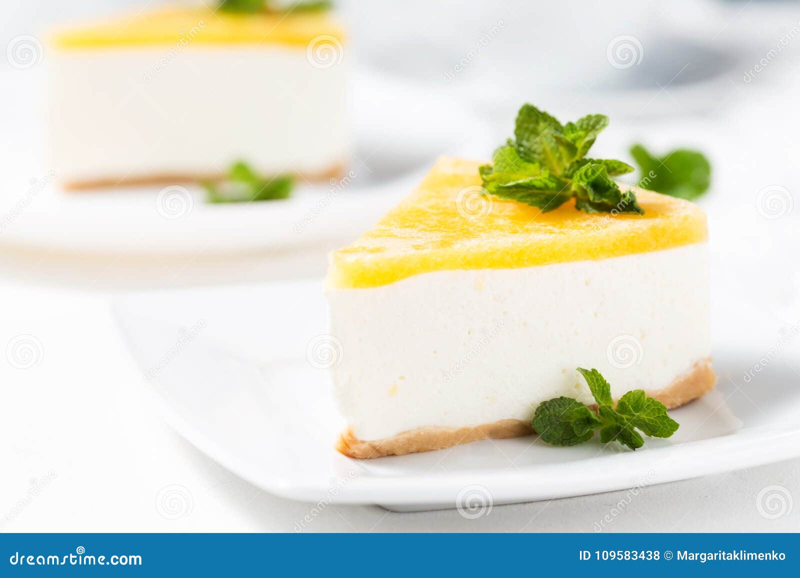 No Bake Cheesecake Decorated Peach Jelly And Mint Leaves Stock