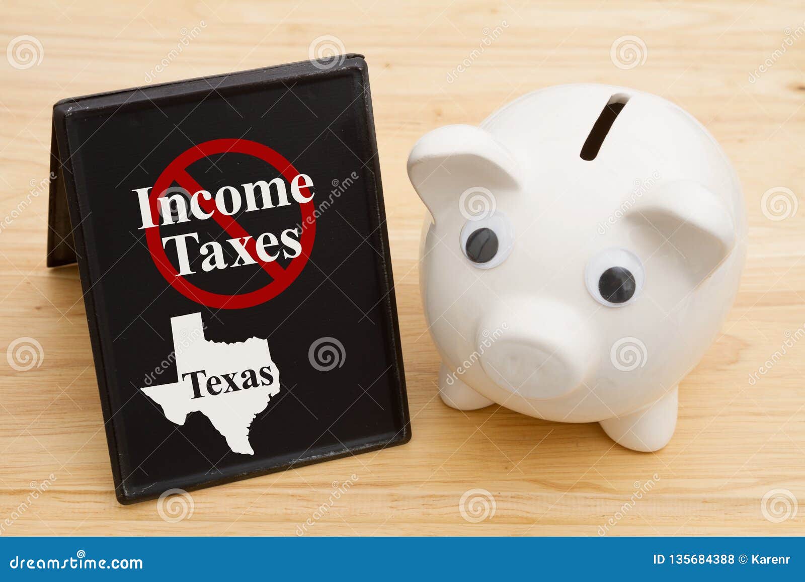 No Tax in the State of Texas Message with a Piggy Bank Stock