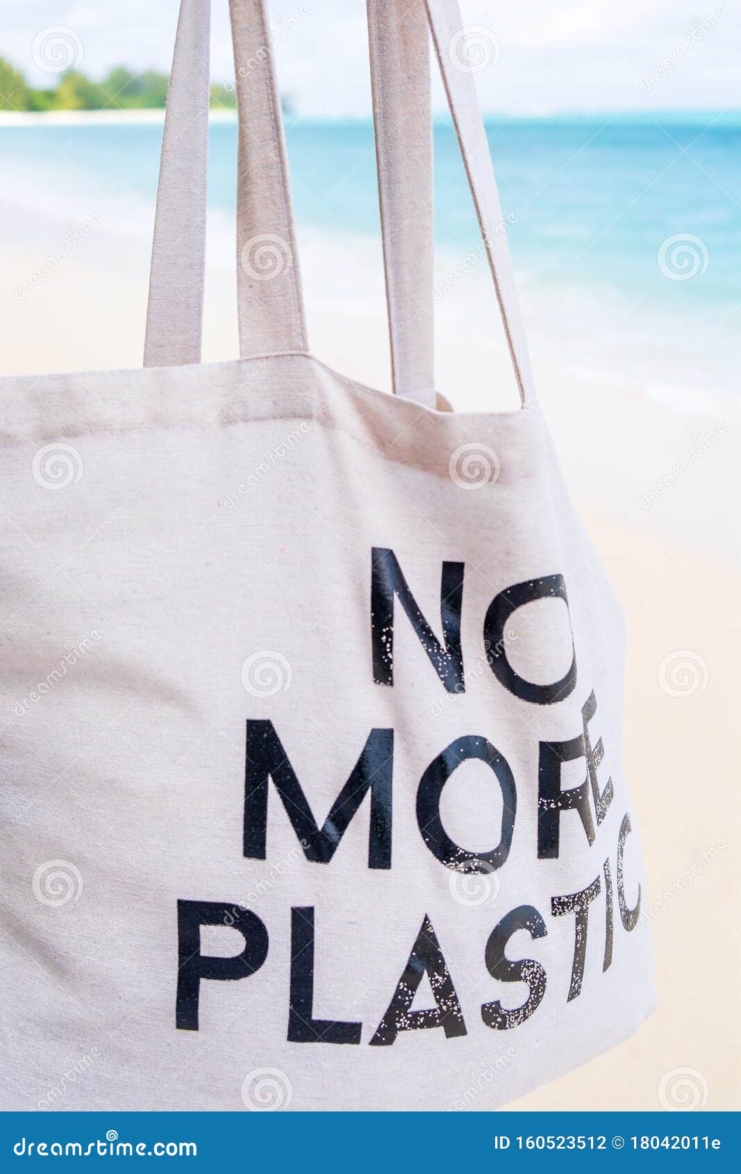 No More Plastic Eco Bag on Sandy Tropical Beach with Blue Sea ...