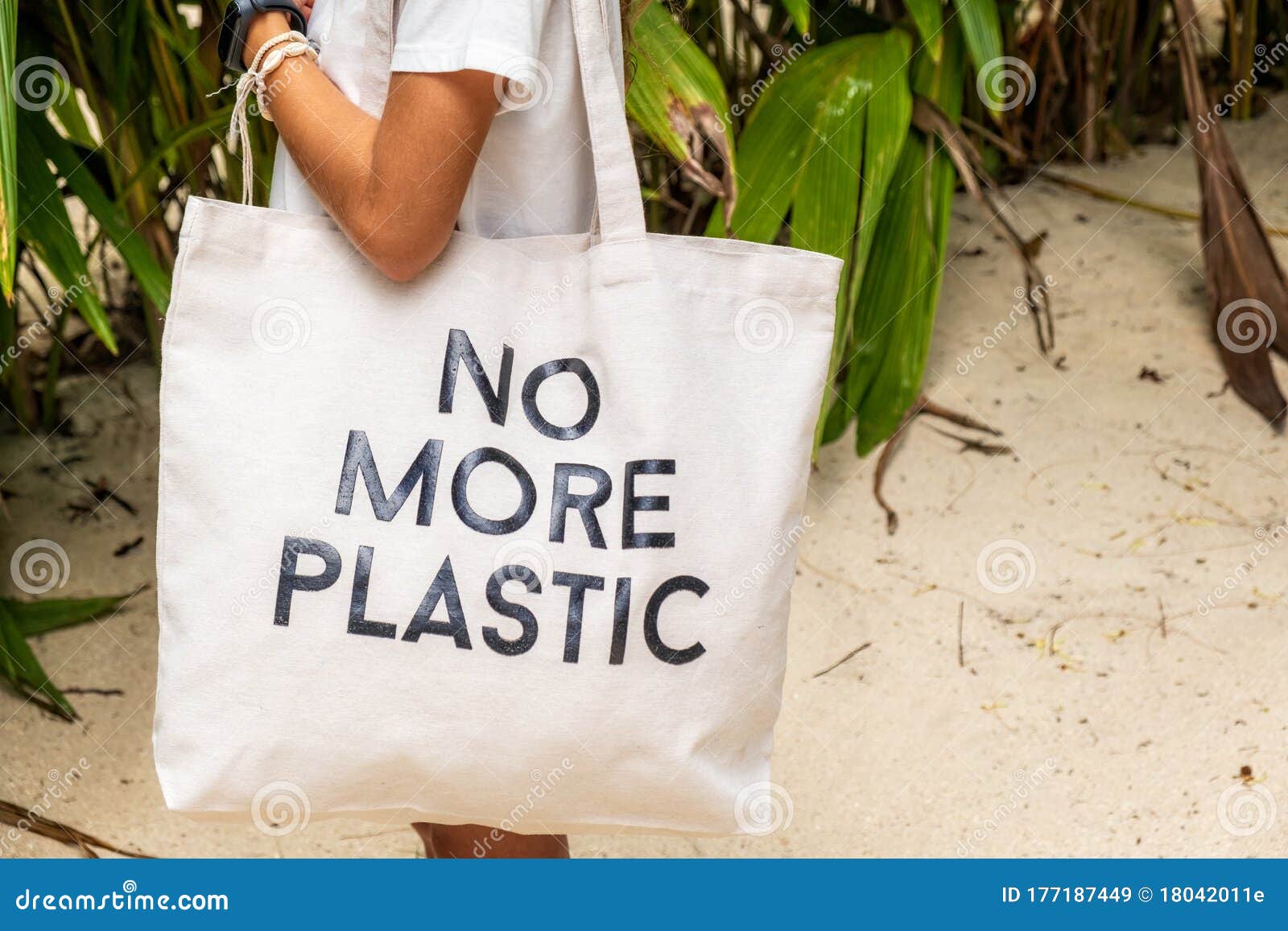 No More Plastic Eco Bag on Shoulder of Young Girl on Tropical Island ...