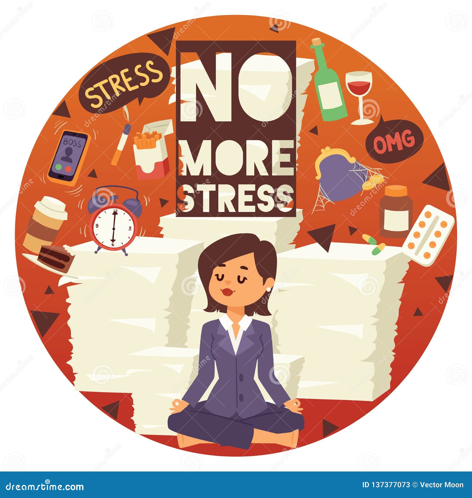 No More Stress Motivation Background Vector Illustration. Young, Calm,  Cartoon Woman Sittting and Meditating Stock Vector - Illustration of  deadline, documents: 137377073