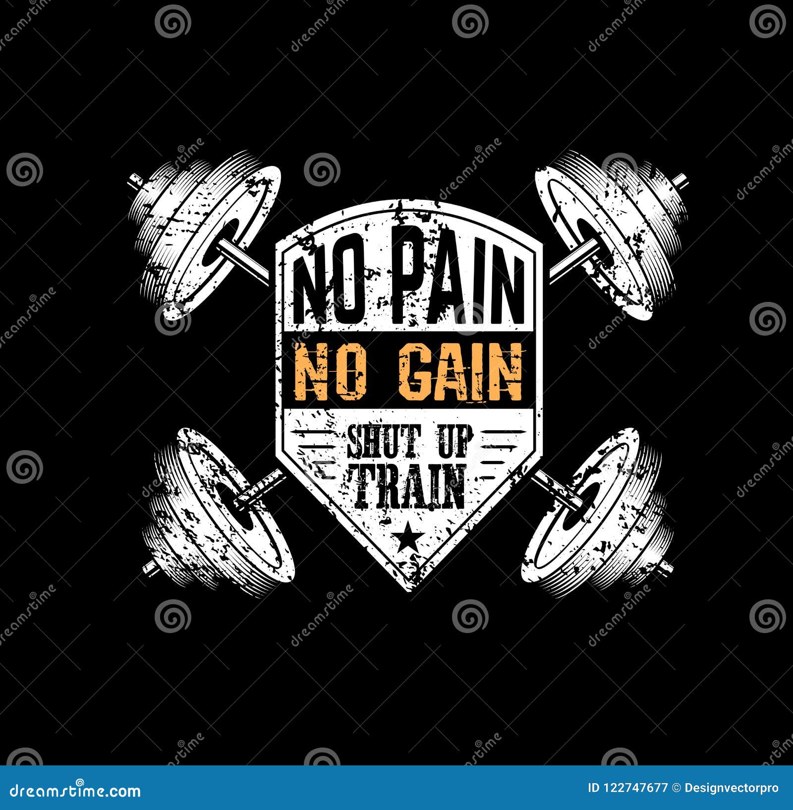 No Pain No Gain Gym Motivational Print with Grunge Effect, Barbell and ...