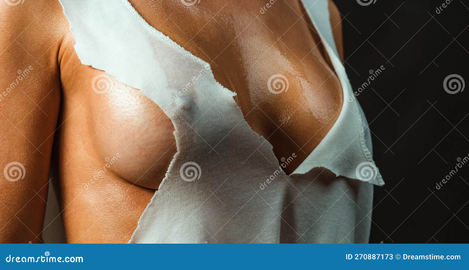 No Plastic Surgery Concept. Woman Nipple Boob Covered Wet Top. Close Up  Photo of Hot Womans Tit Stock Image - Image of shape, splash: 270887173