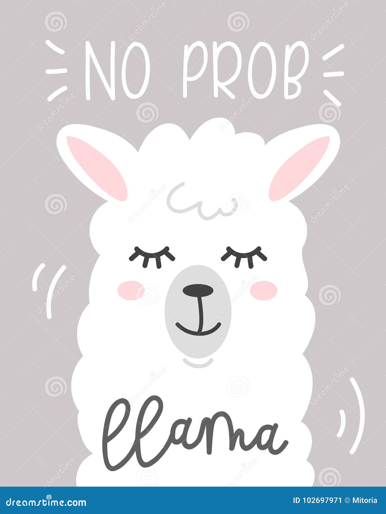 no prob llama cute card with cartoon llama on grey background.