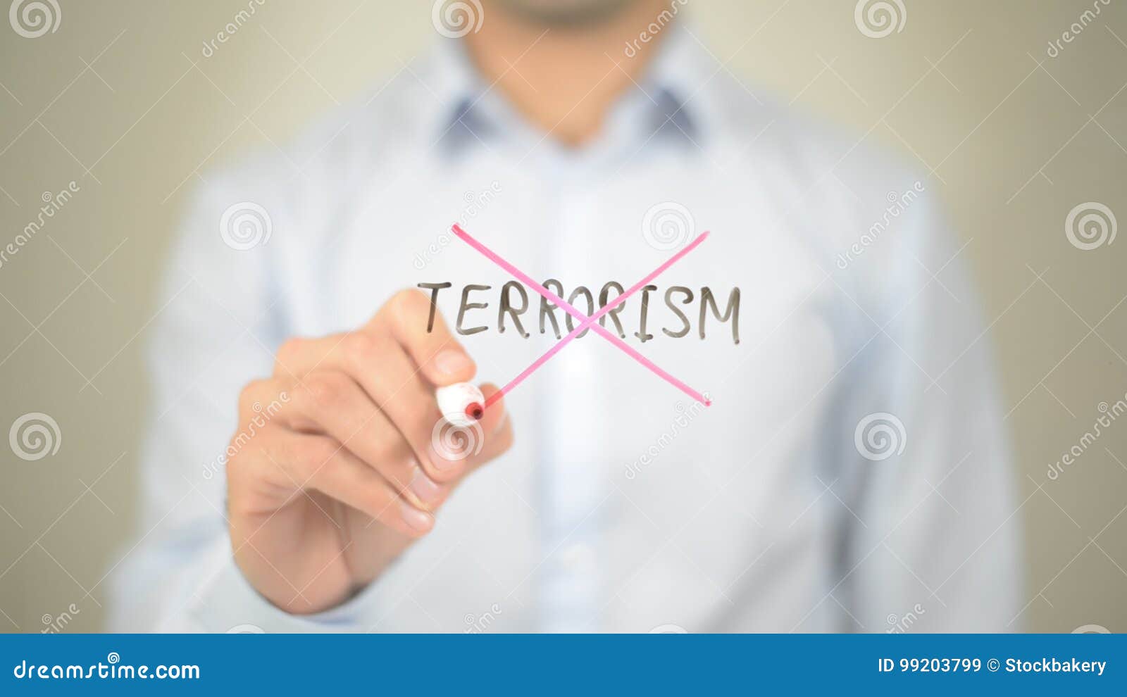 no terrorism, man writing on transparent screen