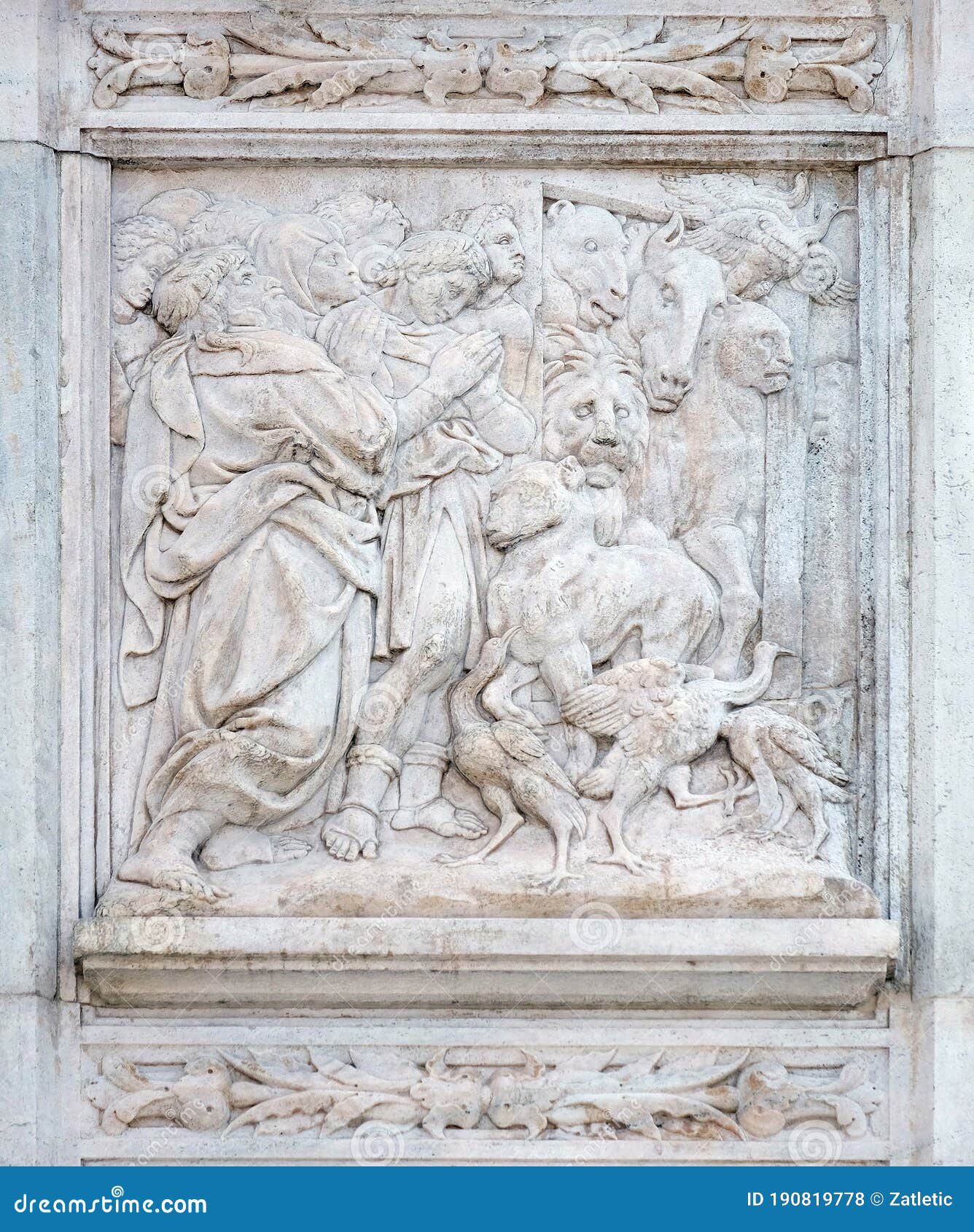 the noah exits the ark, relief on portal of saint petronius basilica in bologna