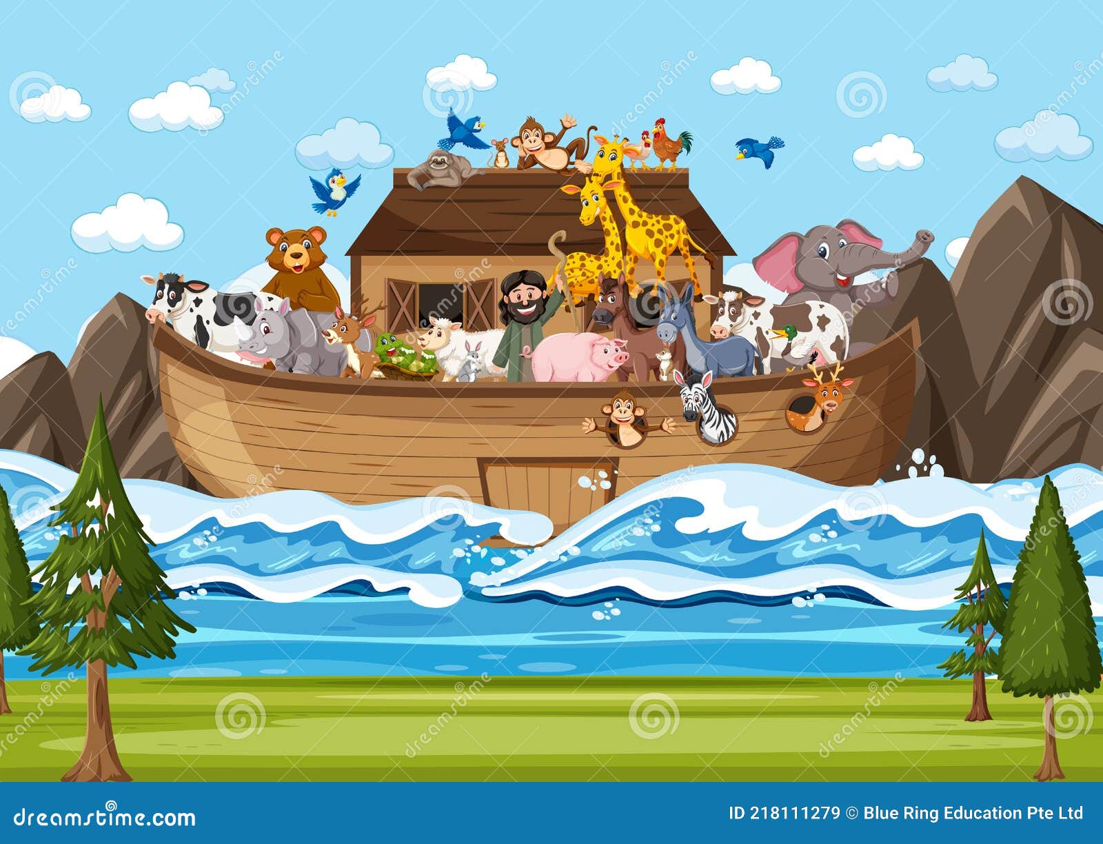 noah`s ark floating with many animals in the ocean scene