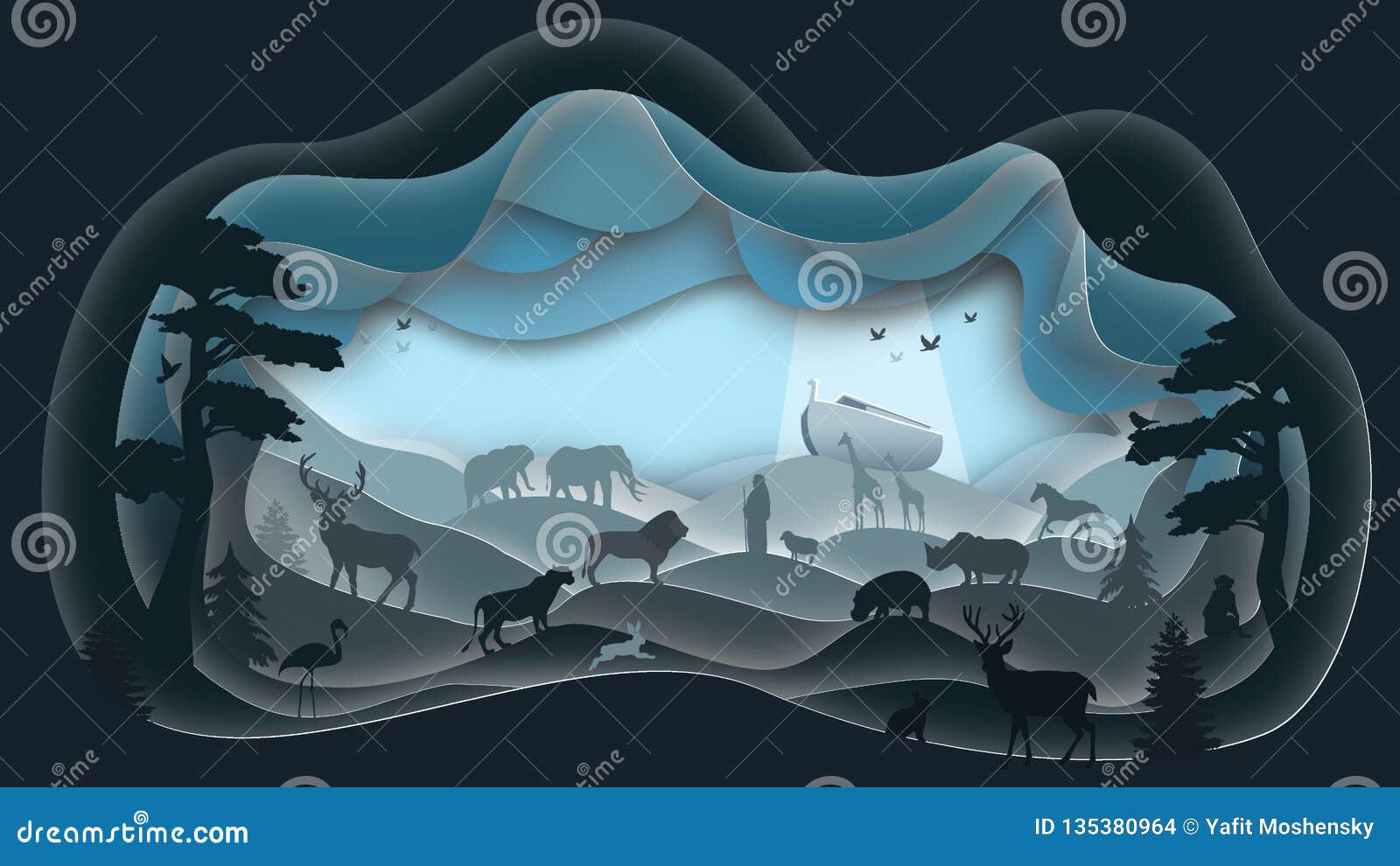 Noah`s Ark. The Gathering. Paper art. Noah`s Ark. The Gathering of animals. Paper art. Abstract, illustration, minimalism. Digital Art. Biblical illustration.