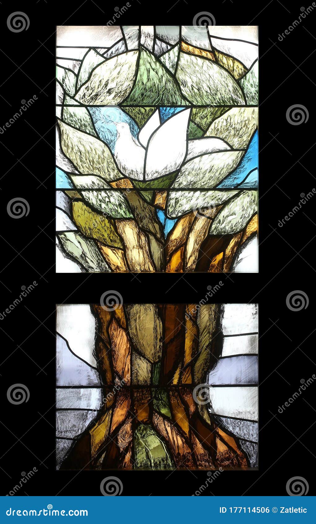 noah`s dove, hope, stained glass window in chapel in oberstaufen, germany