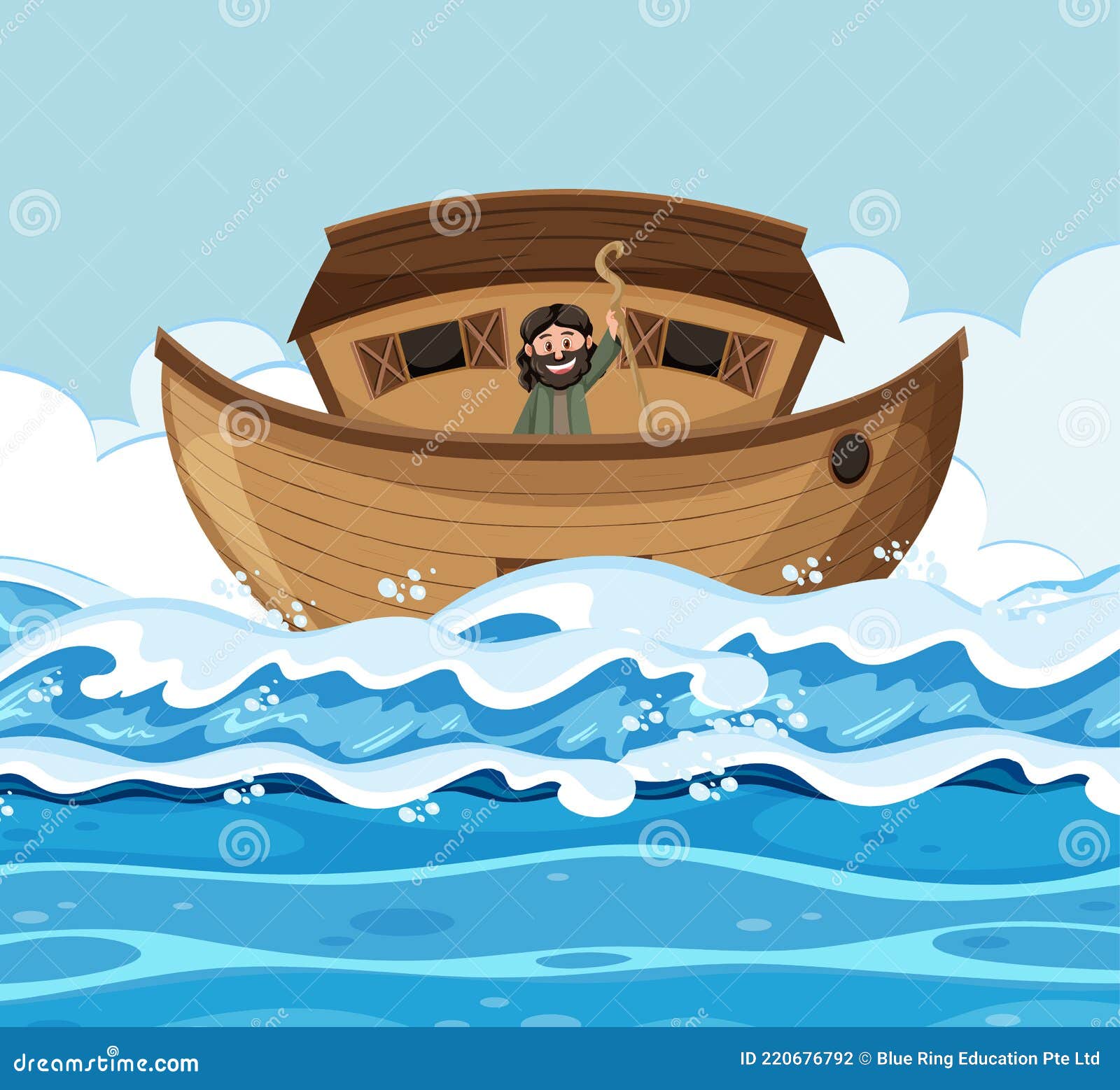 Noah Standing Alone on His Ark in the Ocean Scene Stock Illustration ...