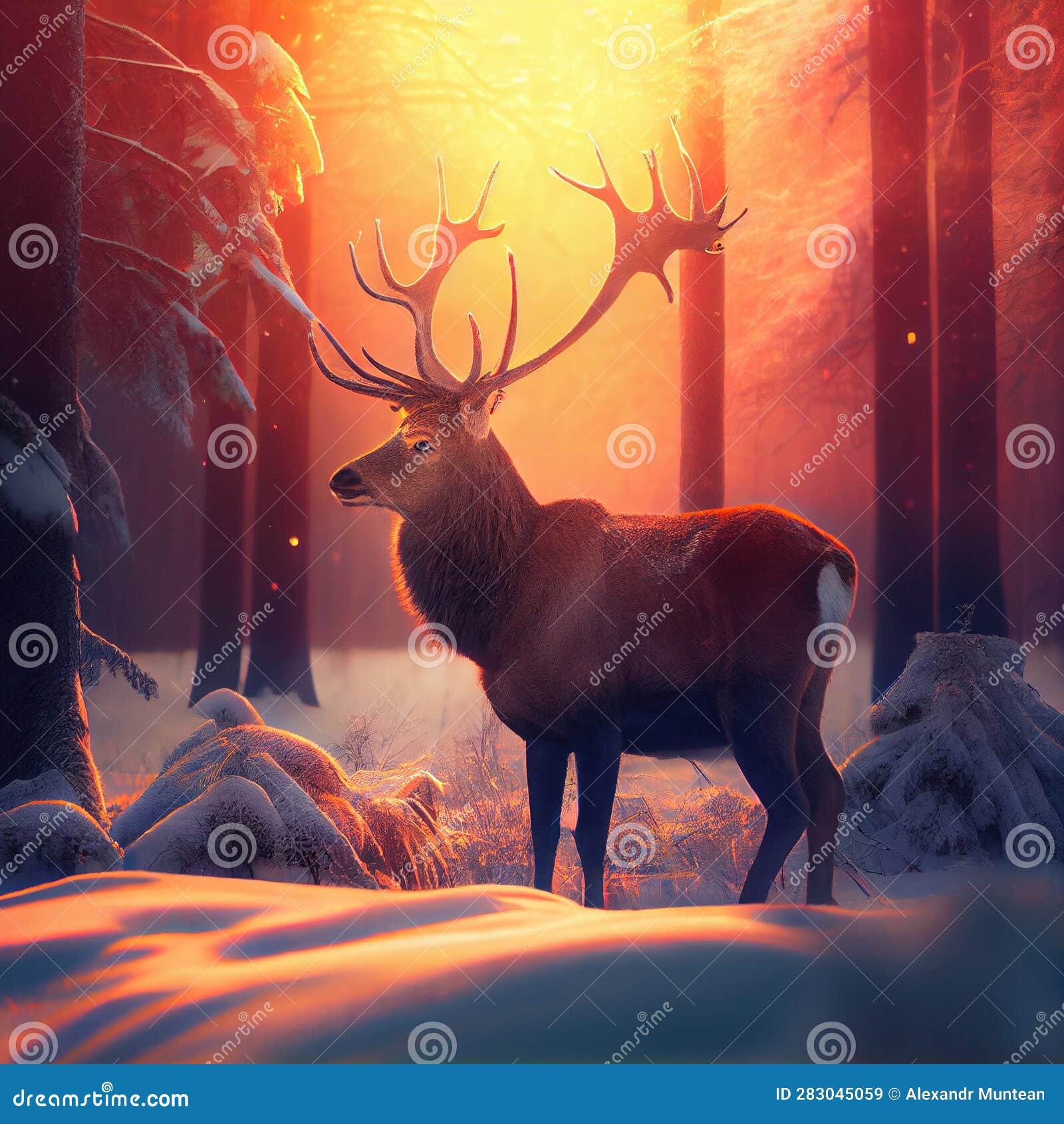 Noble Red Deer with Big Horns, Christmas Deer. Stock Illustration