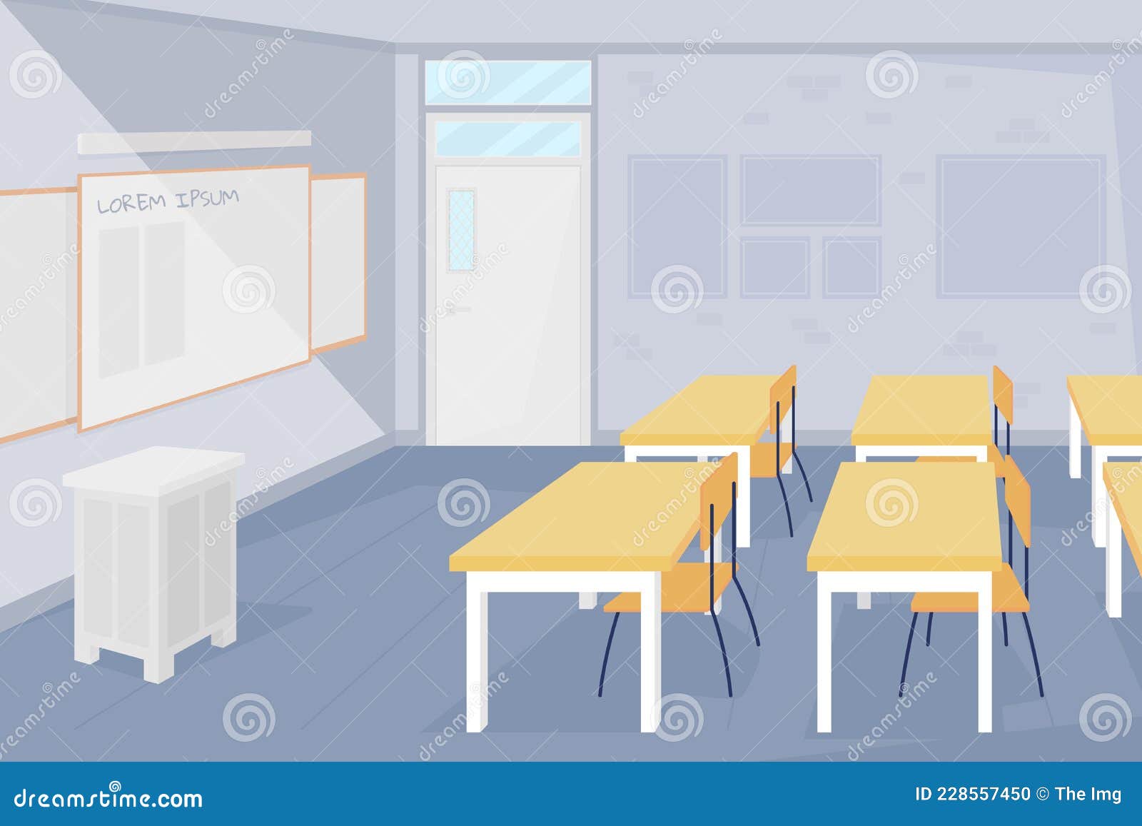 High school classroom in the daytime, Anime background, 2D illustration.  Stock Illustration