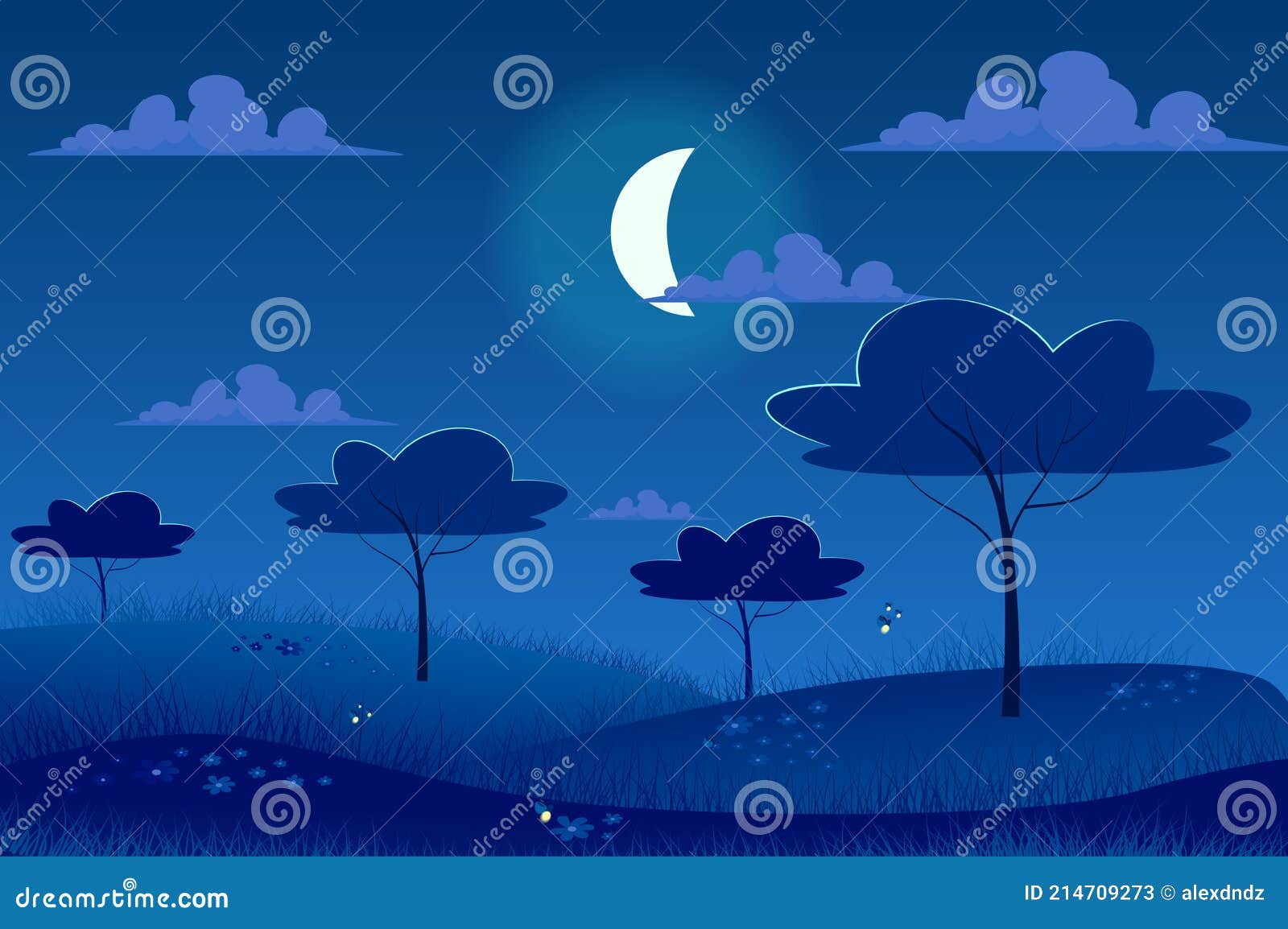 Noche De Luna En La Pradera De Primavera Fondo De Paisaje Ilustración del  Vector - Ilustración de césped, colina: 214709273