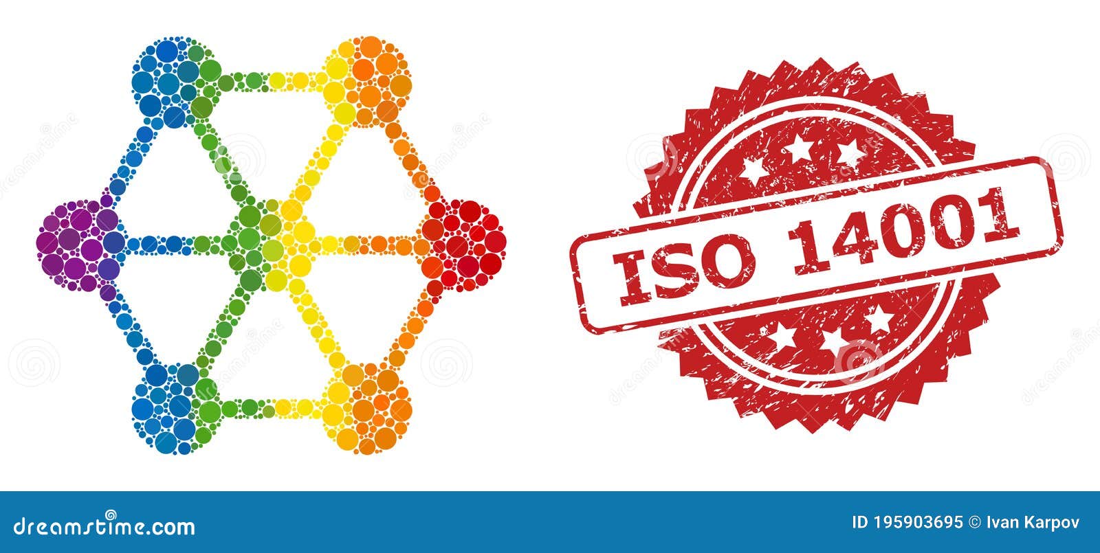 distress iso 14001 stamp and spectrum node connections collage