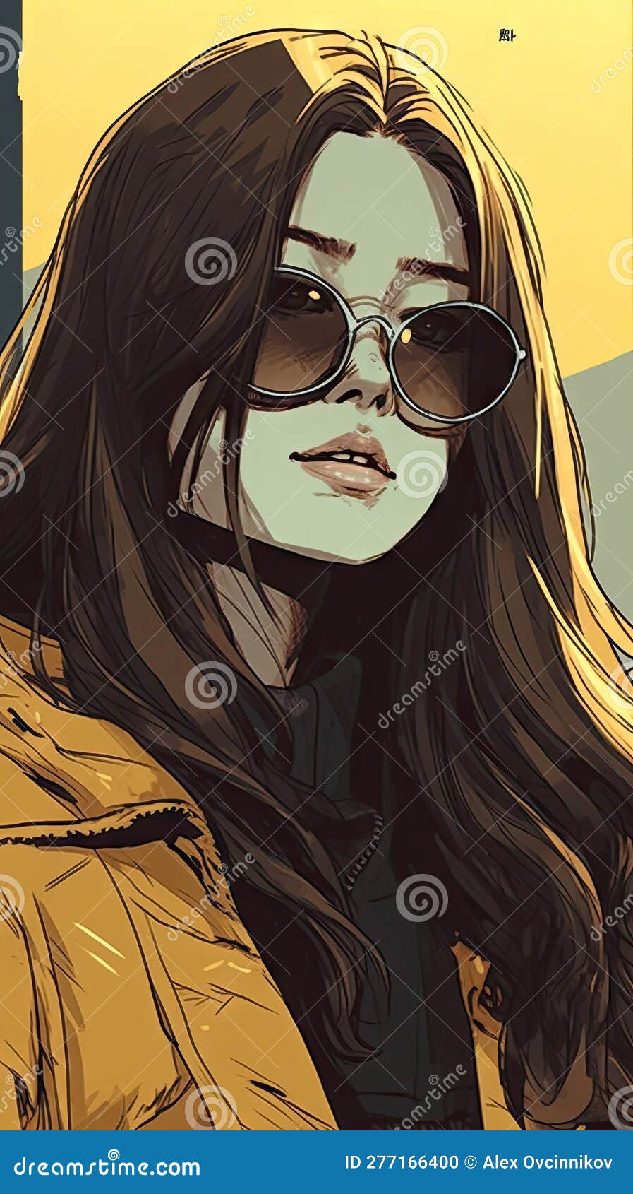 Noir Dessin Animé Anime Esthétique : Fille Avec Lunettes Jaunes Couvertes  De Lunettes De Soleil. Parfait Pour Les Affiches Et Le W Illustration Stock  - Illustration du urbain, type: 277166400