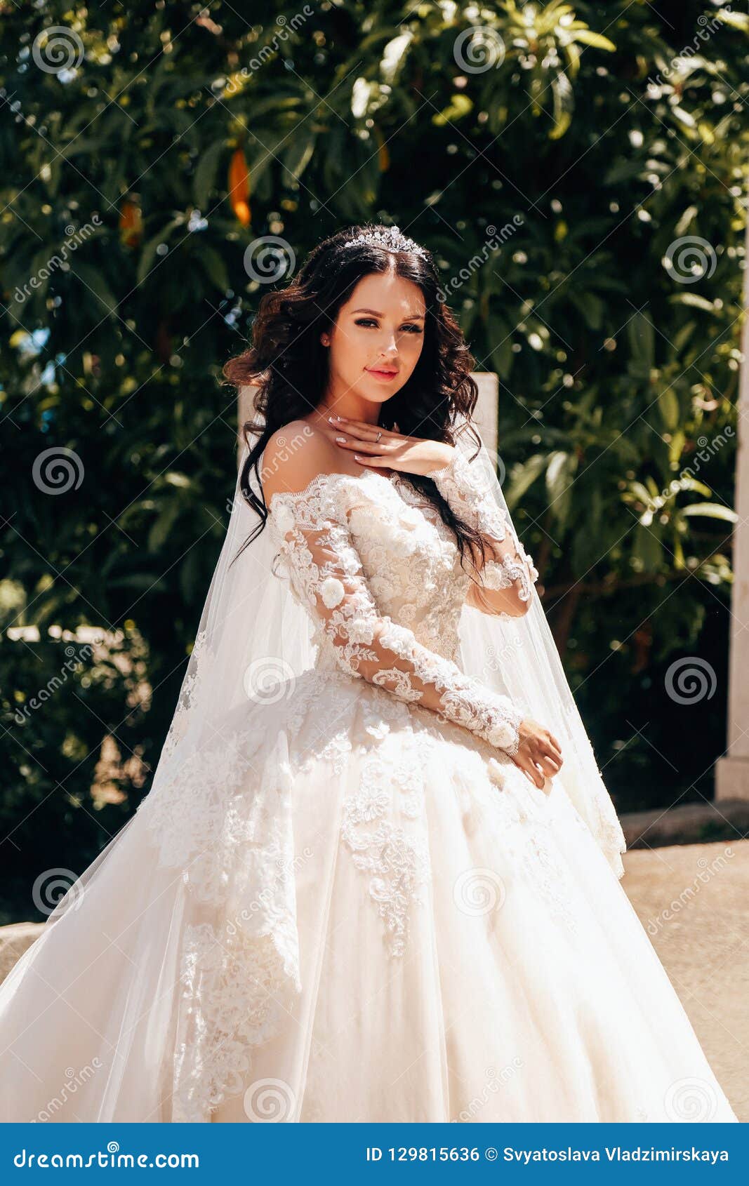 Noiva Bonita Com Cabelo Escuro No Vestido De Casamento Luxuoso No