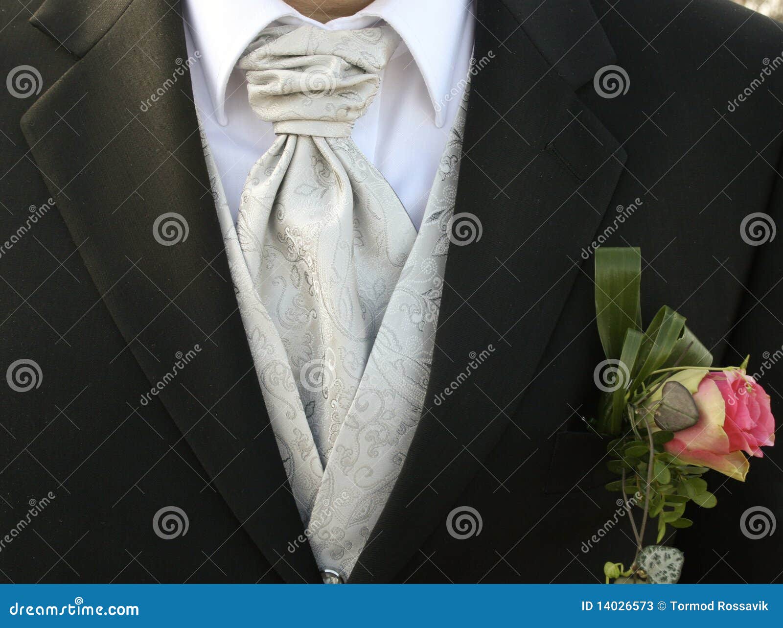 Um noivo com uma decoração de seda do lenço e da flor em seu smoking