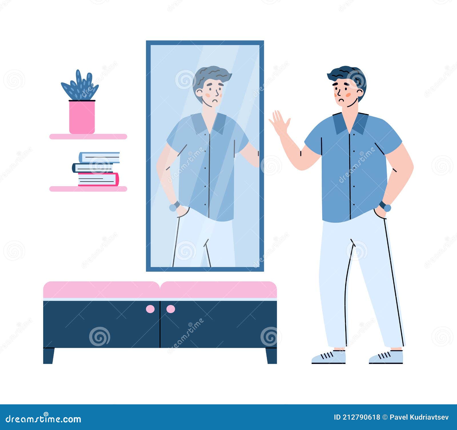 Non-confident Young Man in Front of Mirror Cartoon Vector Illustration Isolated. Stock Vector - Illustration of despair, body: 212790618 Non-confident Young Man in Front of Mirror Cartoon Vector Illustration Isolated. Stock Vector - Illustration of despair, body: 212790618