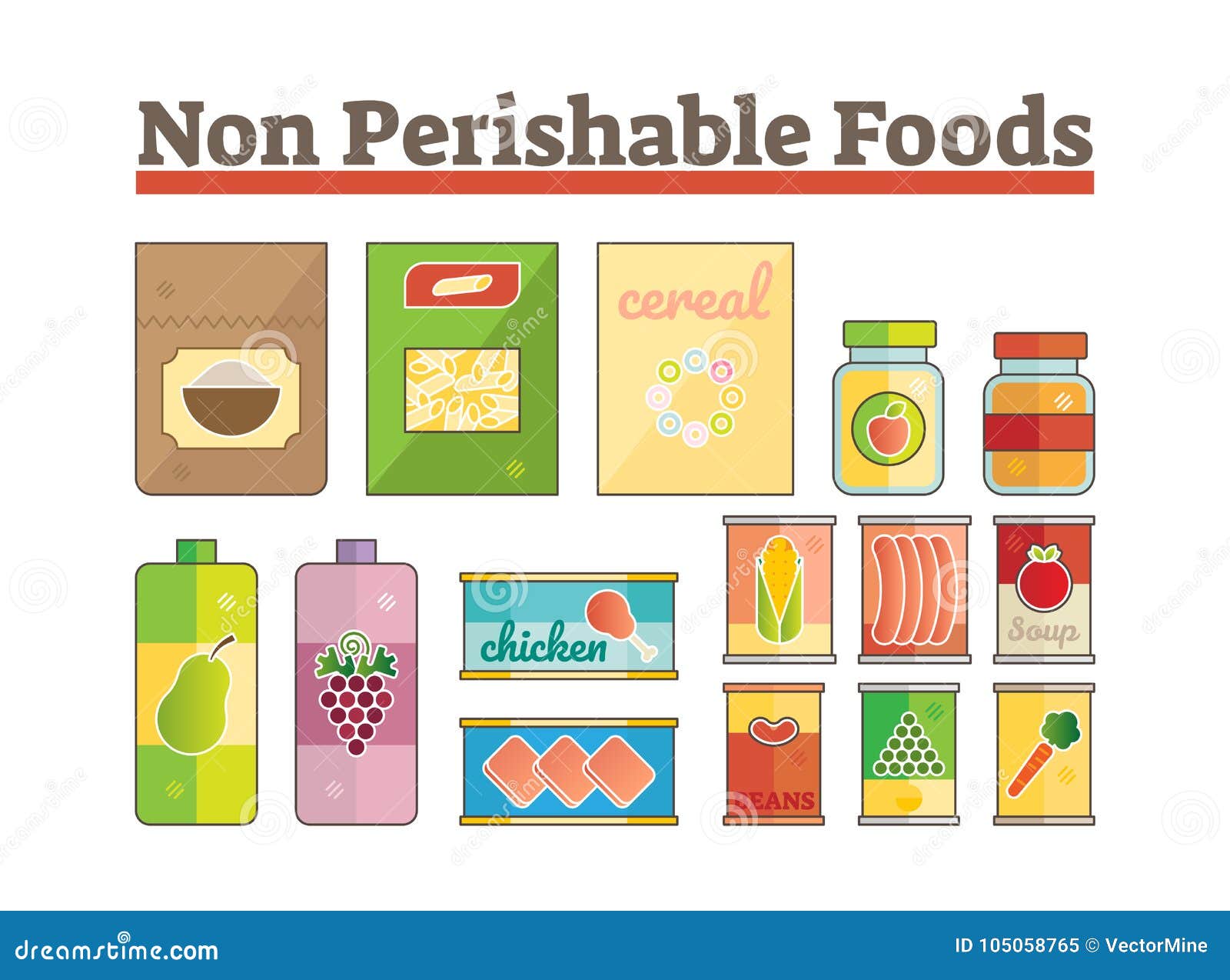 non perishable food icons flat  set
