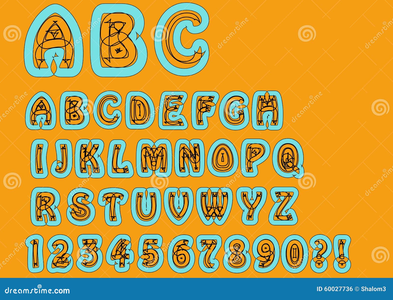 nonconformist bizarre alphabet. original font set with doodle s, uppercase characters and numbers, question mark, exclamati