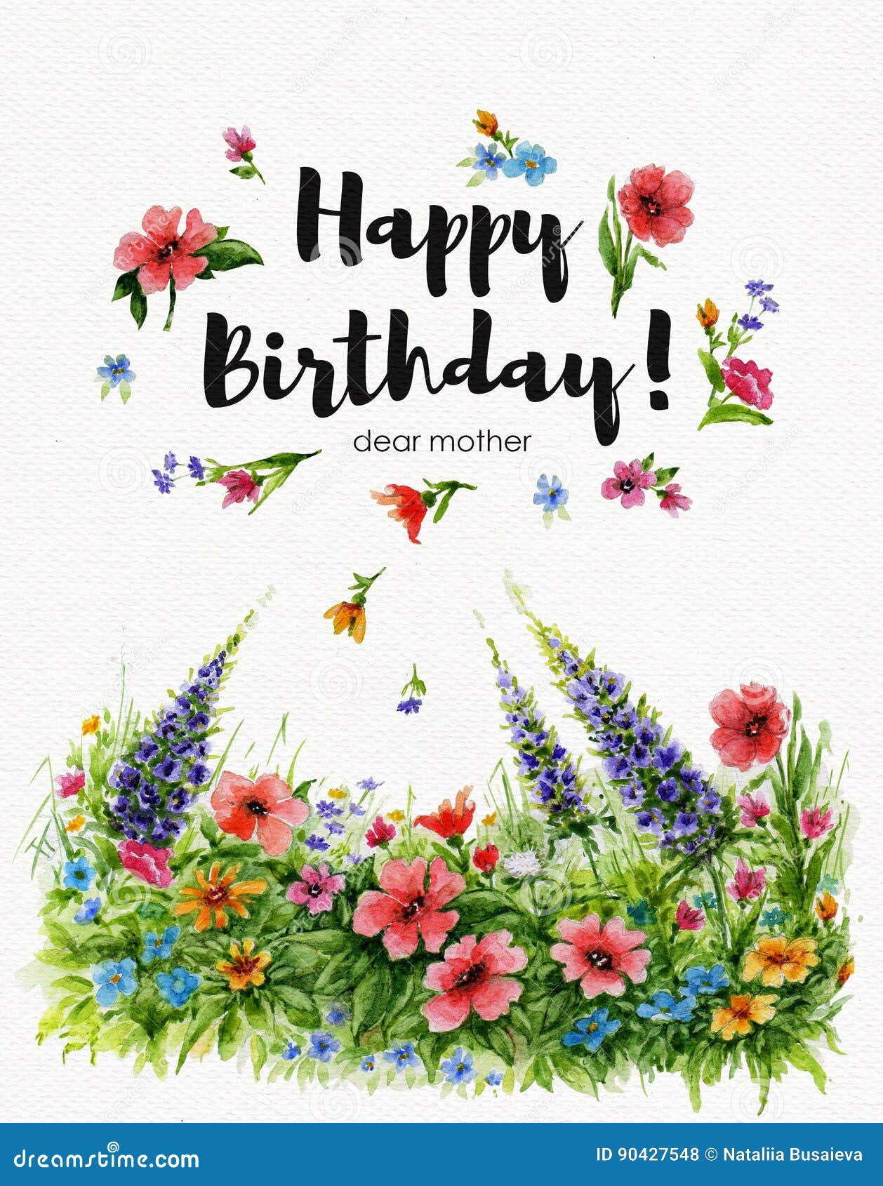 Nonna Di Buon Compleanno Della Cartolina D Auguri Dell Acquerello Cara Con Il Prato Inglese Del Fiore Ed Iscrizione Nel Telaio De Illustrazione Di Stock Illustrazione Di Madre Bello