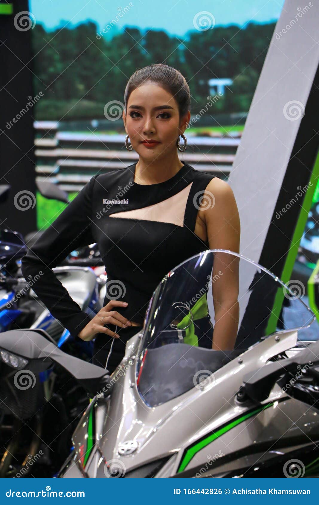 Beautiful Asian Pretty with Kawasaki Motorbike, Popular Marketing for Making Motorcycle Booth Interest at Thailand International Editorial Photo - Image of love, hair: