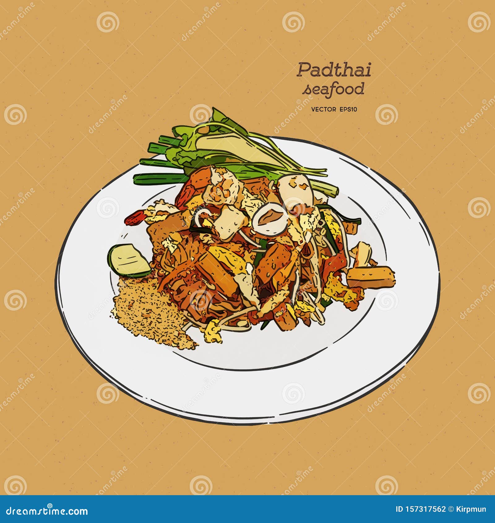 noodle padthai food thailand in the dish. hand draw sketch 