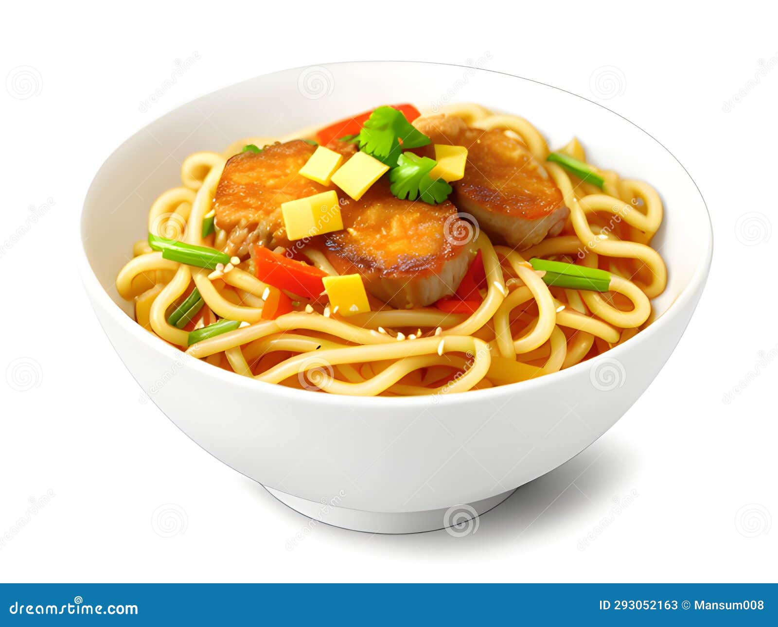 Noodles in Bowl with Vegetables Isolated on White Background Stock Illustration Illustration