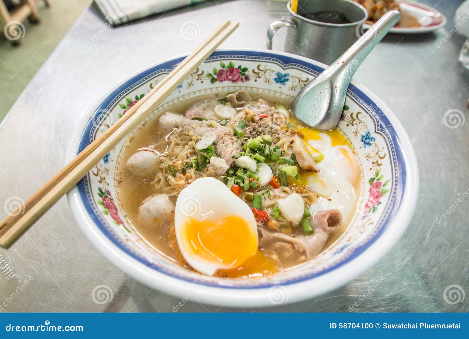 Noodles with Vegetables and Soft Boiled Egg . Stock Photo Image of