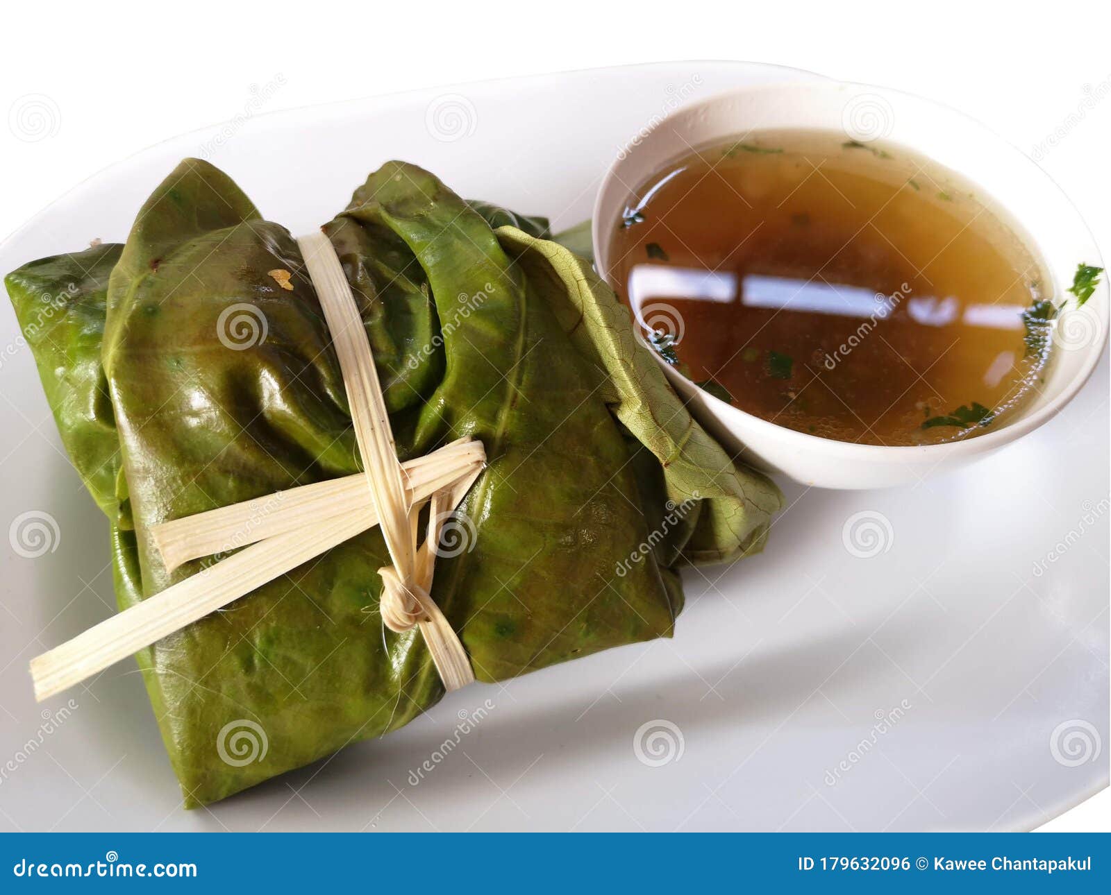 Noodles Wrapped with Antimony Leaves and Soup. in Package Stock Photo