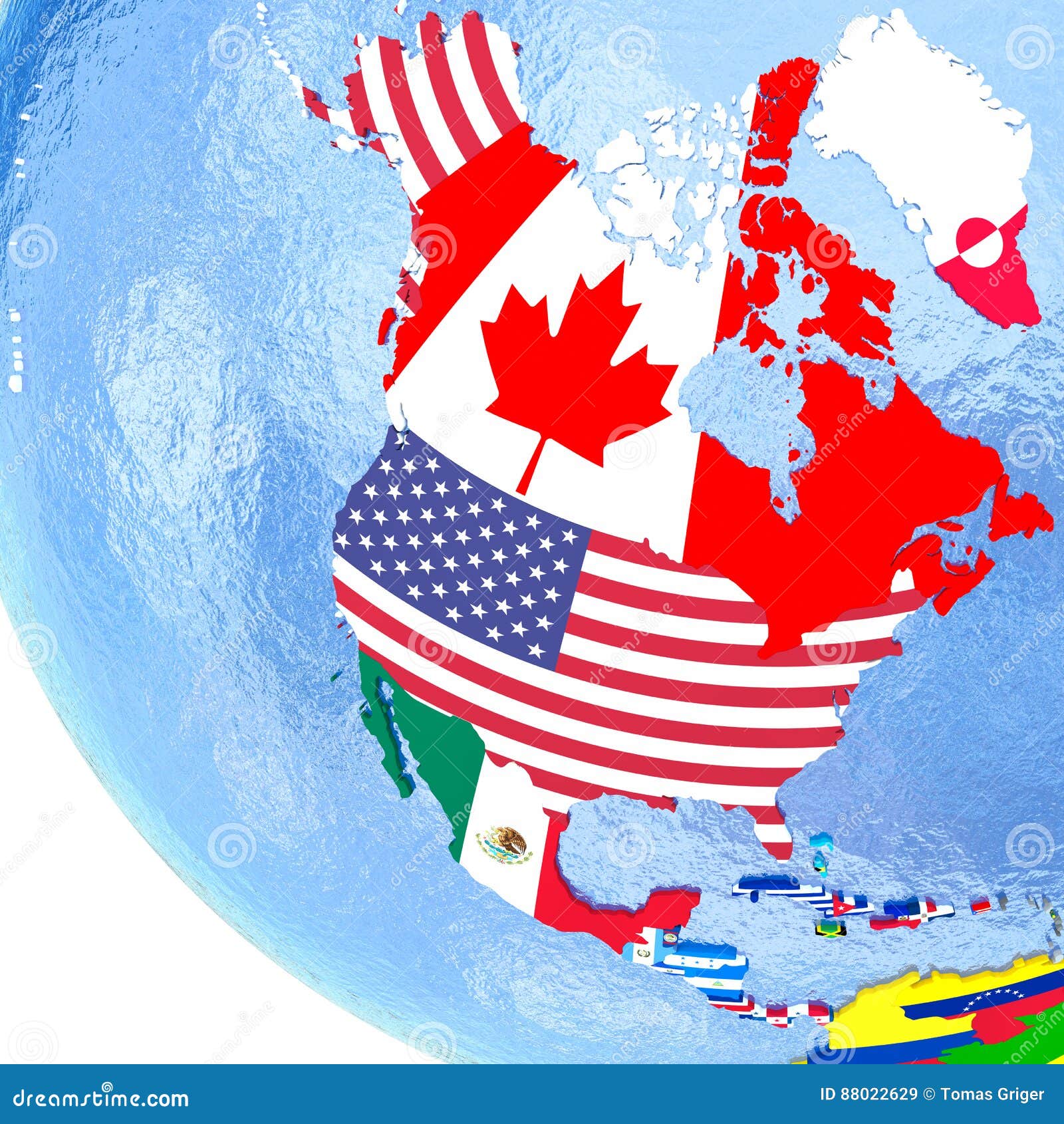 Noord-Amerika op politieke bol met vlaggen. Noord-Amerika op politieke bol met nationale vlaggen ingebed in kaart 3D Illustratie