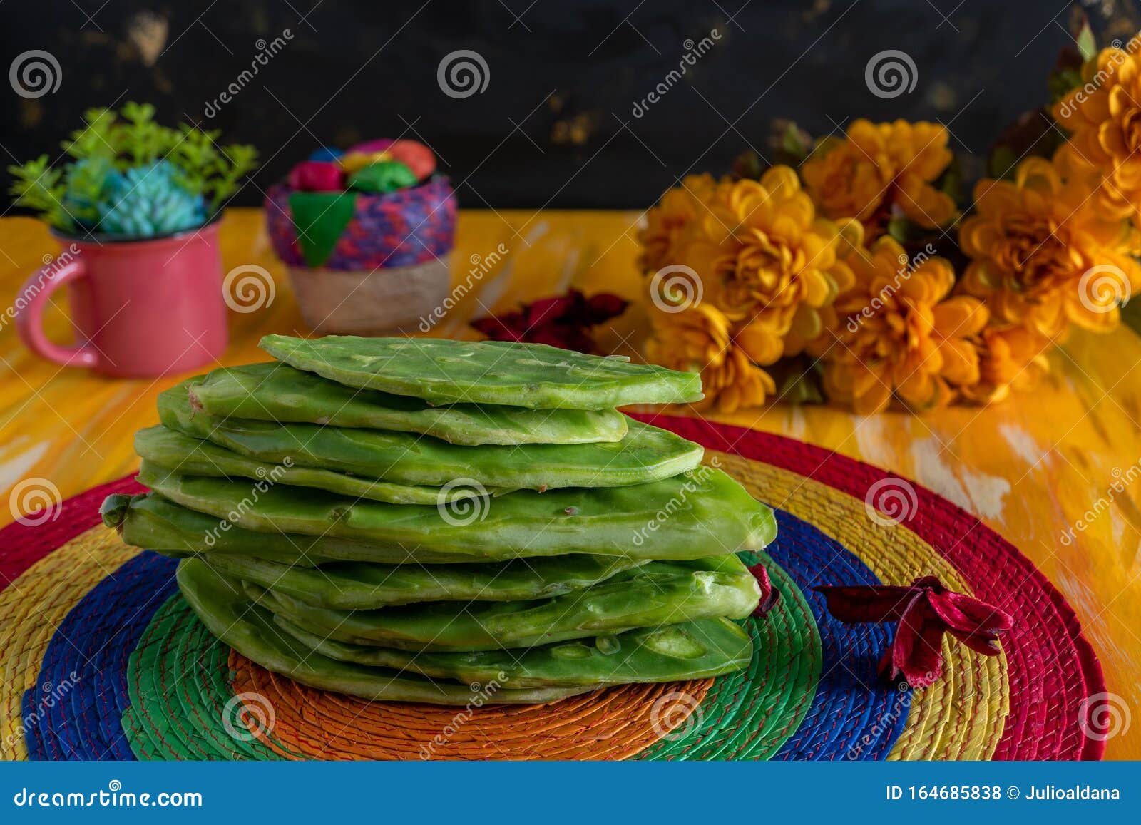 nopales mexican edible cactus, mexico kitchen scene.