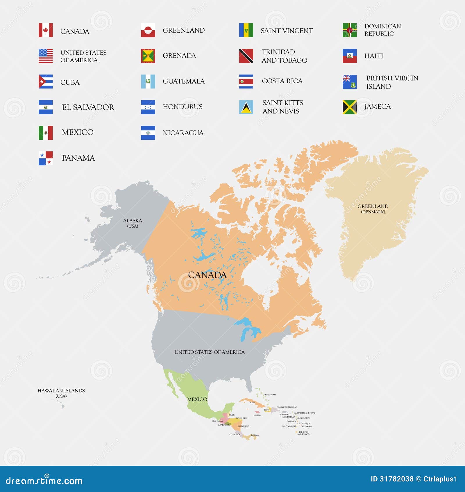 Nordamerika översikt och flaggor. Nordamerika översikt och flaggavektorillustration