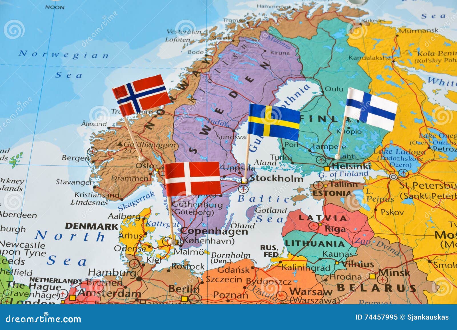 nordic countries flag pins on map