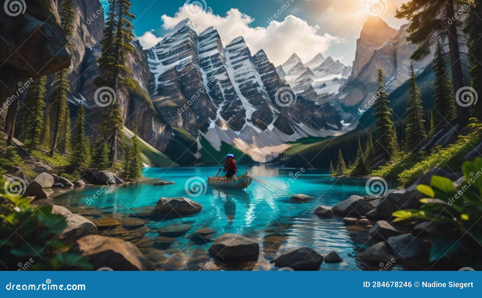 Nordic Mountain Landscape with Lake and Forest Stock Illustration