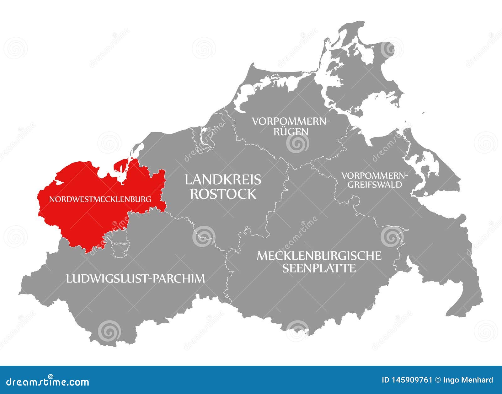 Nordwestmecklenburg County Red Highlighted In Map Of Western Pomerania