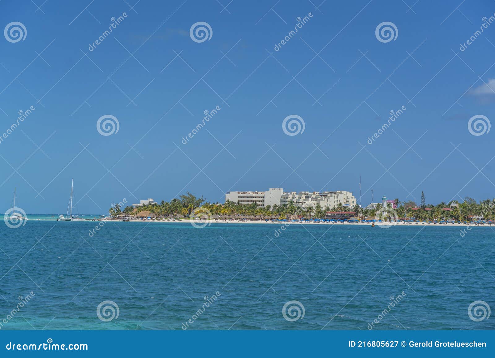 norten beach on colorful isla mujeres island near cancun in mexico, view from the ferry