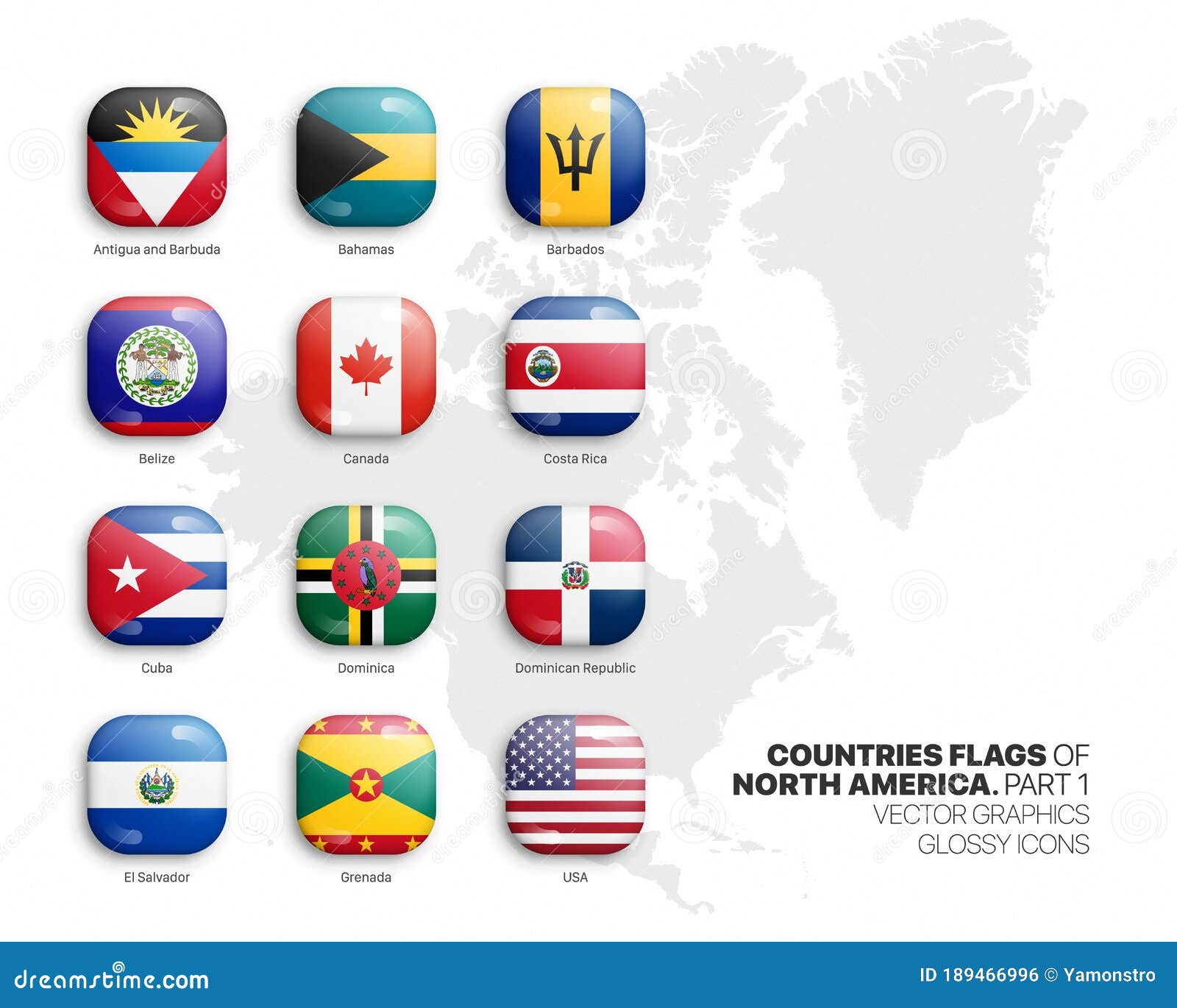 North America Countries Flags Vector 3d Glossy Icons Set Isolated On