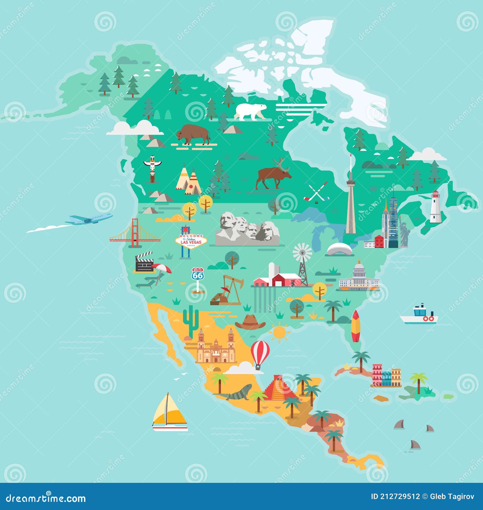 north america map. tourist and travel landmarks