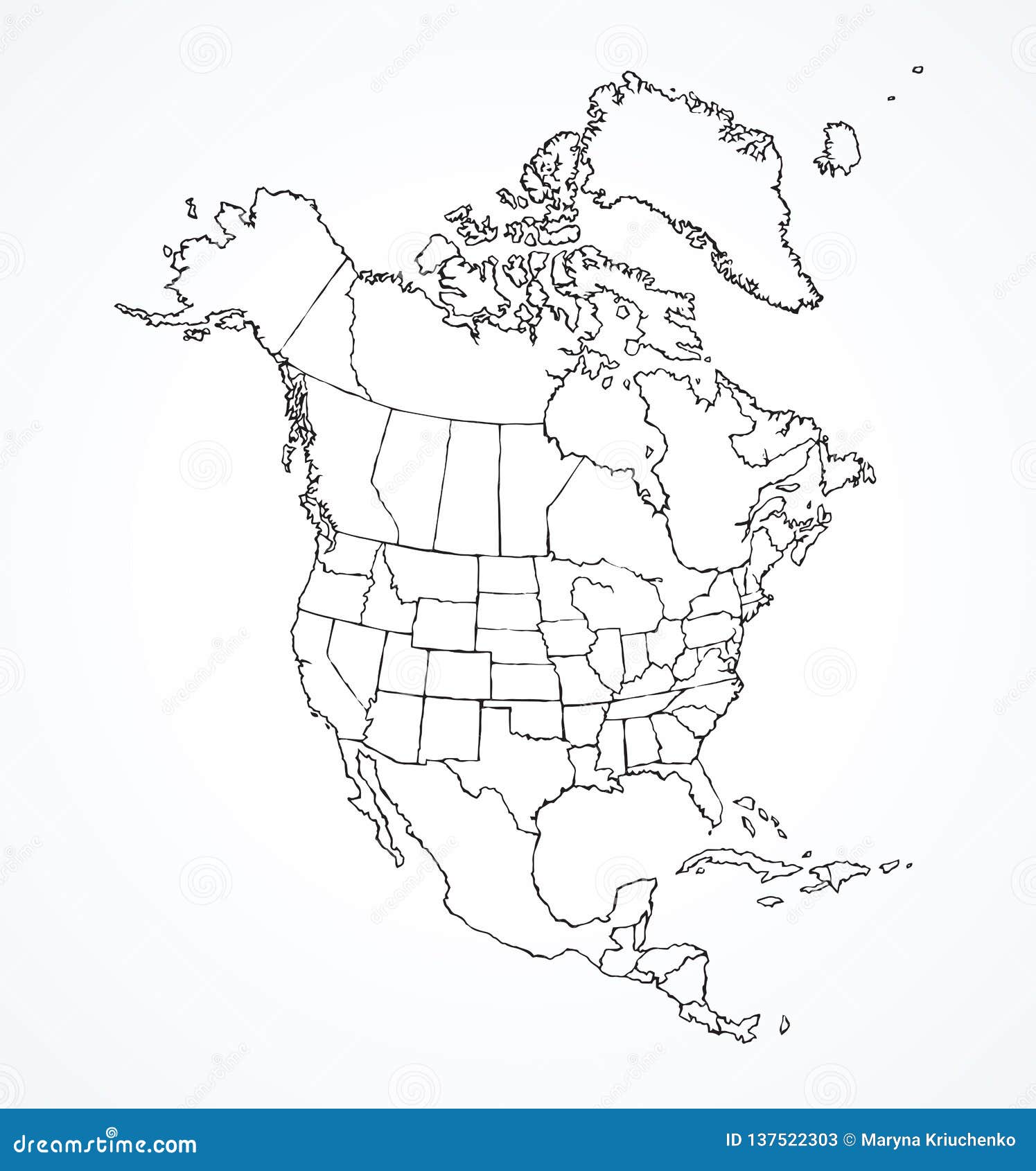 North American Continent with Contours of Countries. Vector Drawing