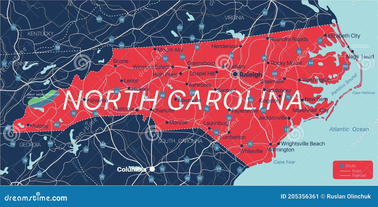 North Carolina State Detailed Editable Map Stock Vector - Illustration
