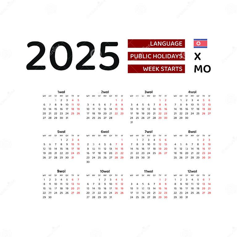 North Korea Calendar 2025. Week Starts from Monday. Vector Graphic