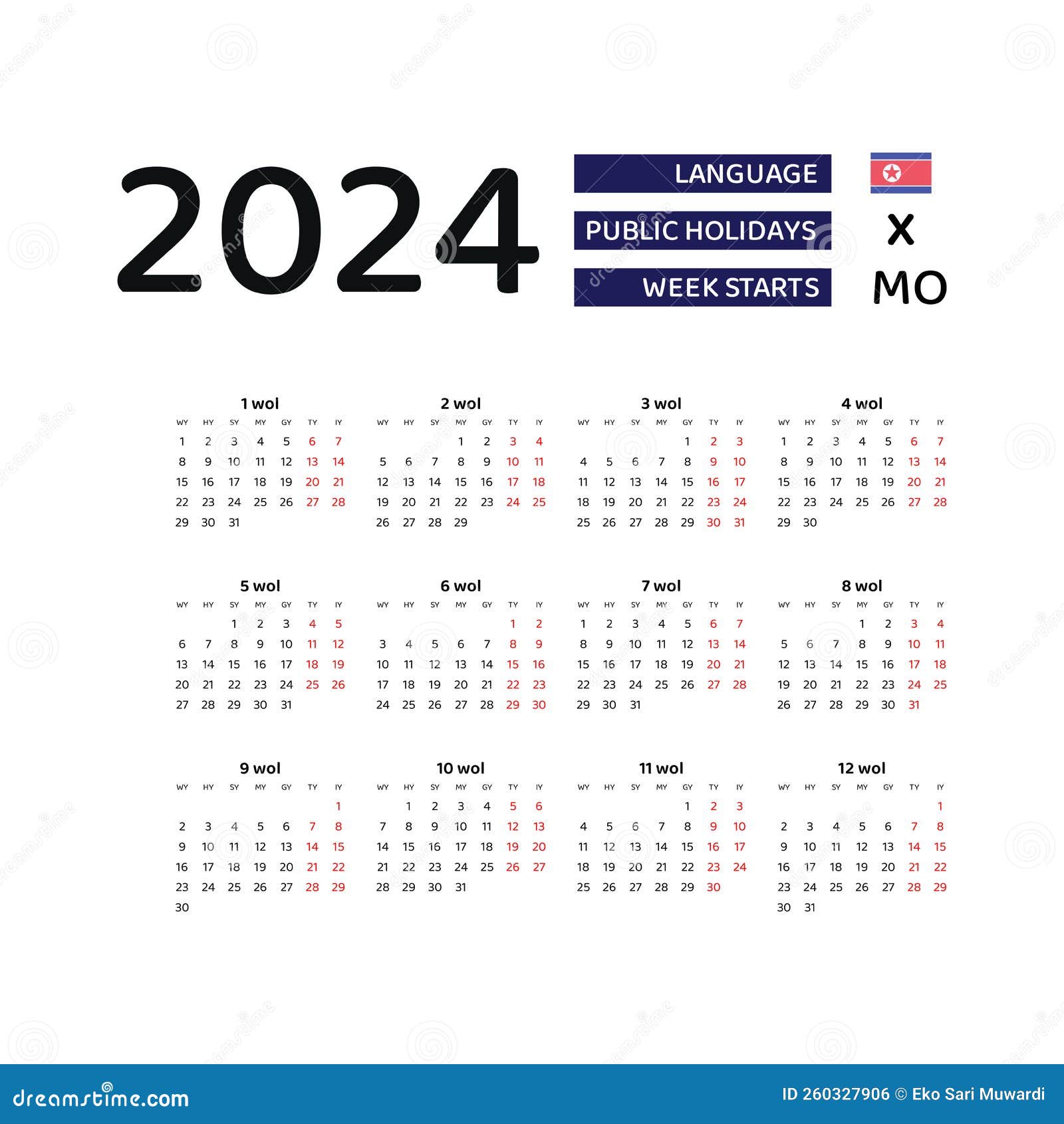 North Korea Calendar 2024 Week Starts from Monday Vector Graphic North Korea Calendar 2024 Week Starts from Monday Vector Graphic
