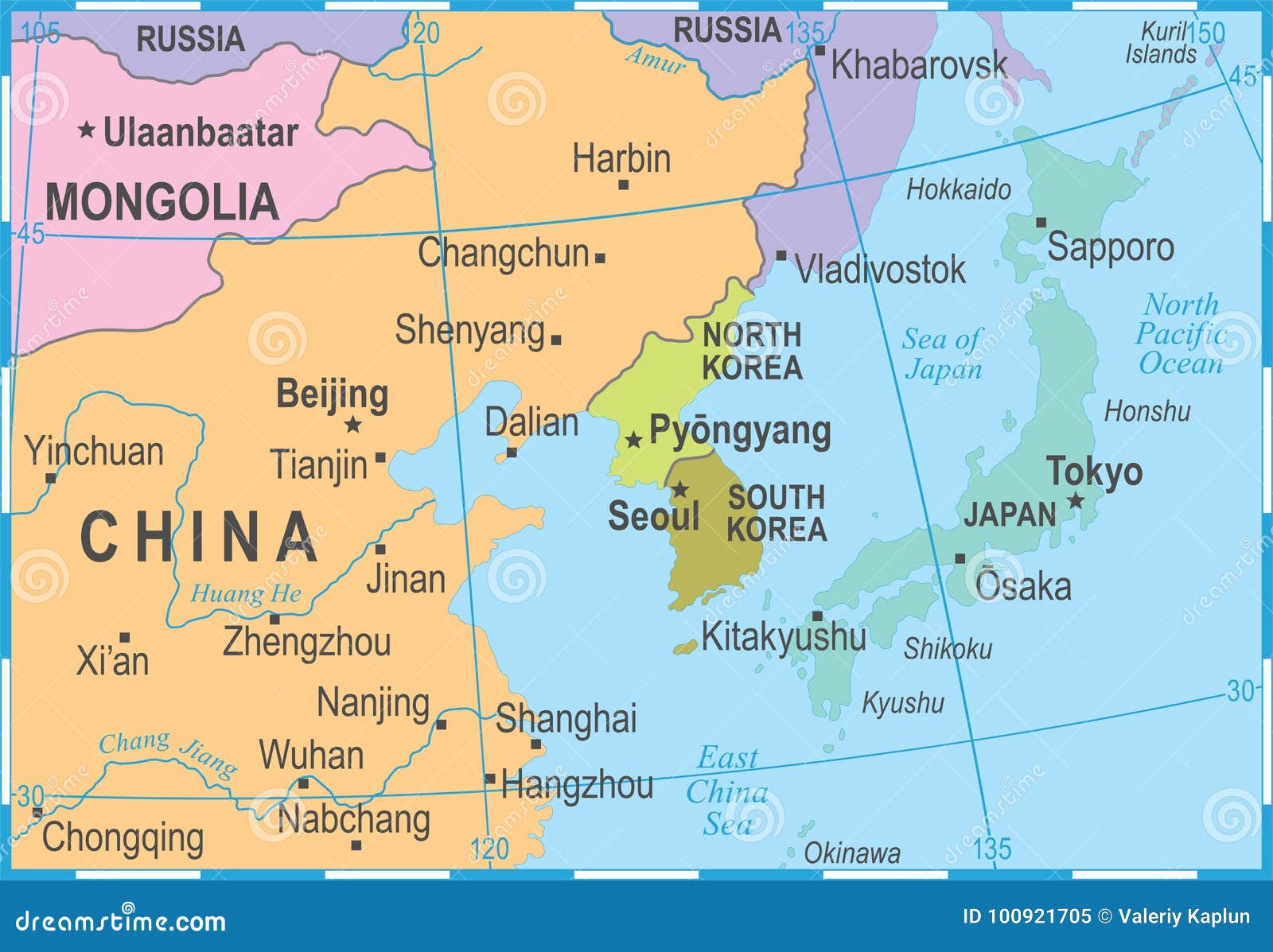 North Korea South Korea Japan China Russia Mongolia Map Vector