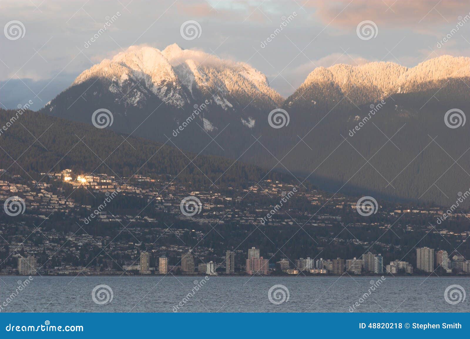 north vancouver with snow capped north shore mountains