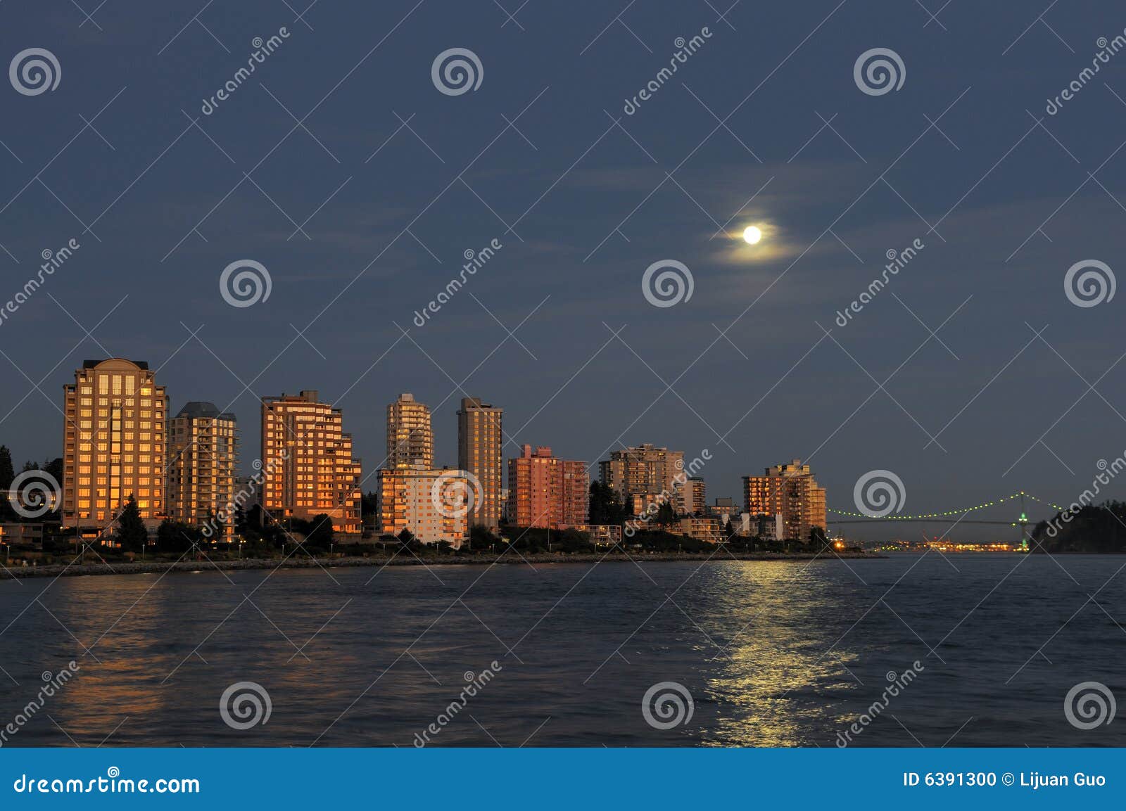 north vancouver waterfront buildings at moonrise