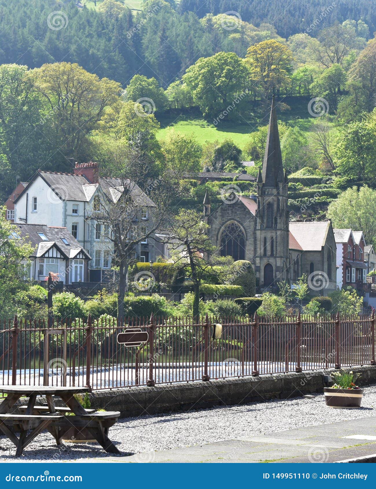 north wales, llangollen.  a bight spring day.  river dee.  wooded hillsides.