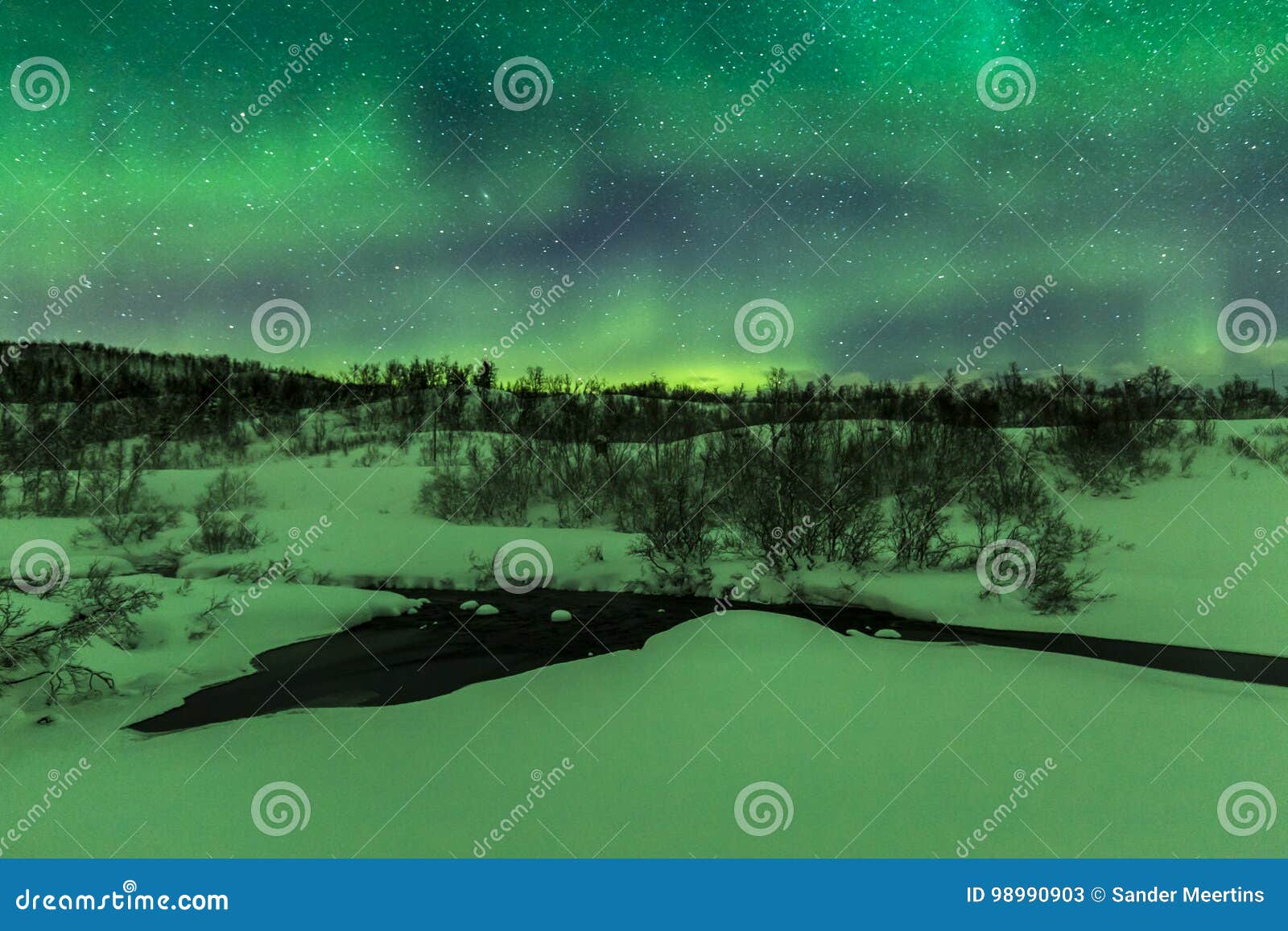Northern Lights Above a Water Stream in a Winter Landscape. Stock Image ...
