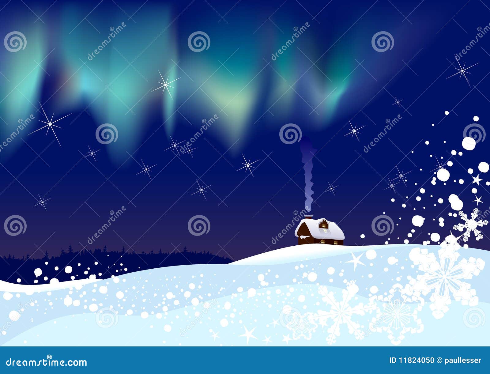 Northern Lights on Christmas Night Stock Vector Illustration of